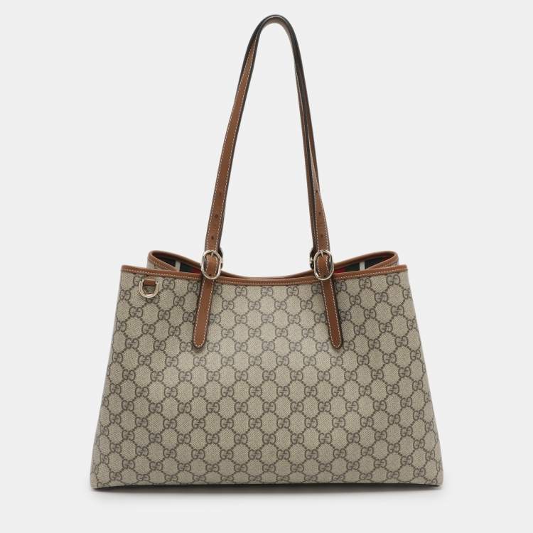 Pre Owned Gucci GG Emblem Large Beige/Brown Coated Canvas Tote
