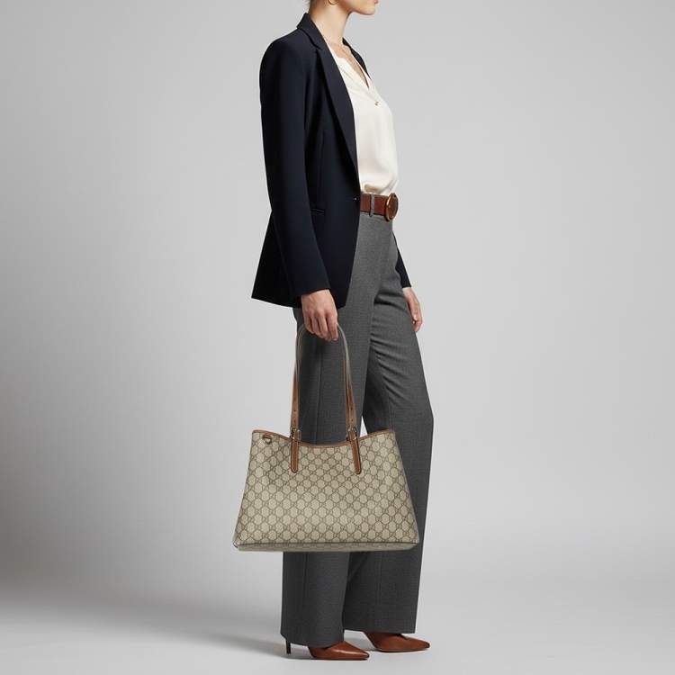 Pre Owned Gucci GG Emblem Large Beige/Brown Coated Canvas Tote