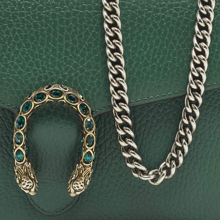 Pre Owned Gucci Crystal Dionysus Green Leather Wallet On Chain