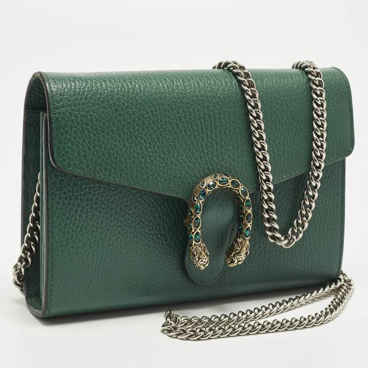 Pre Owned Gucci Crystal Dionysus Green Leather Wallet On Chain