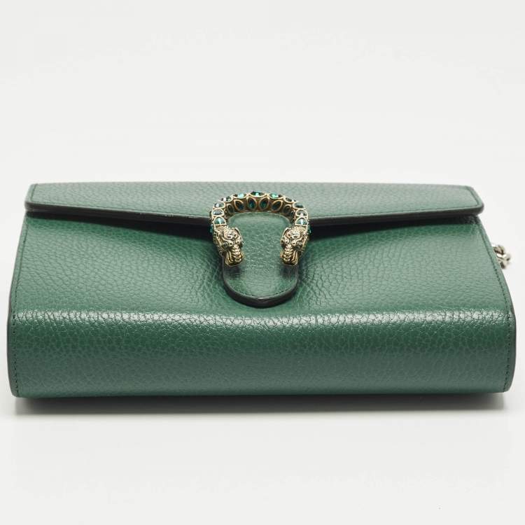 Pre Owned Gucci Crystal Dionysus Green Leather Wallet On Chain