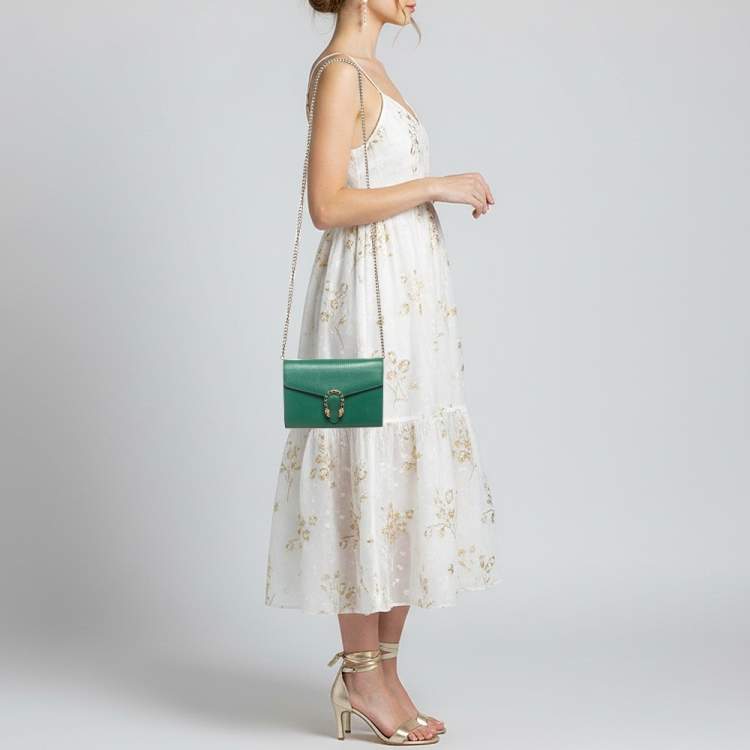 Pre Owned Gucci Crystal Dionysus Green Leather Wallet On Chain