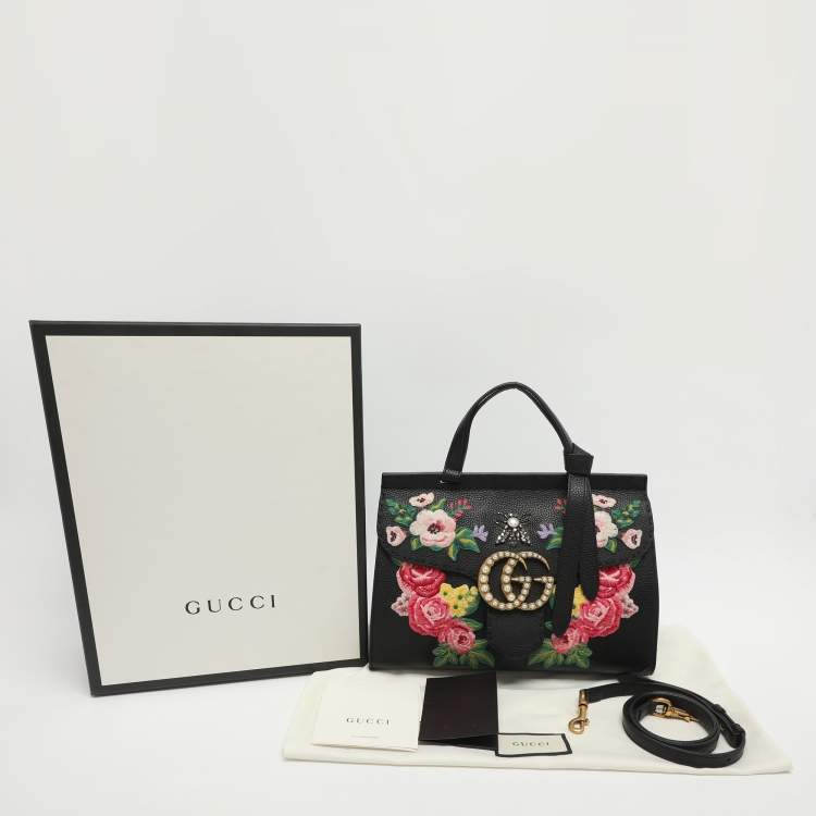Pre Owned Gucci GG Marmont Floral Embroidered Embellished Black Leather Top Handle Bag