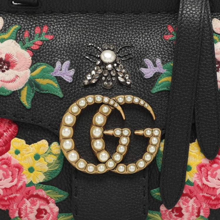 Pre Owned Gucci GG Marmont Floral Embroidered Embellished Black Leather Top Handle Bag