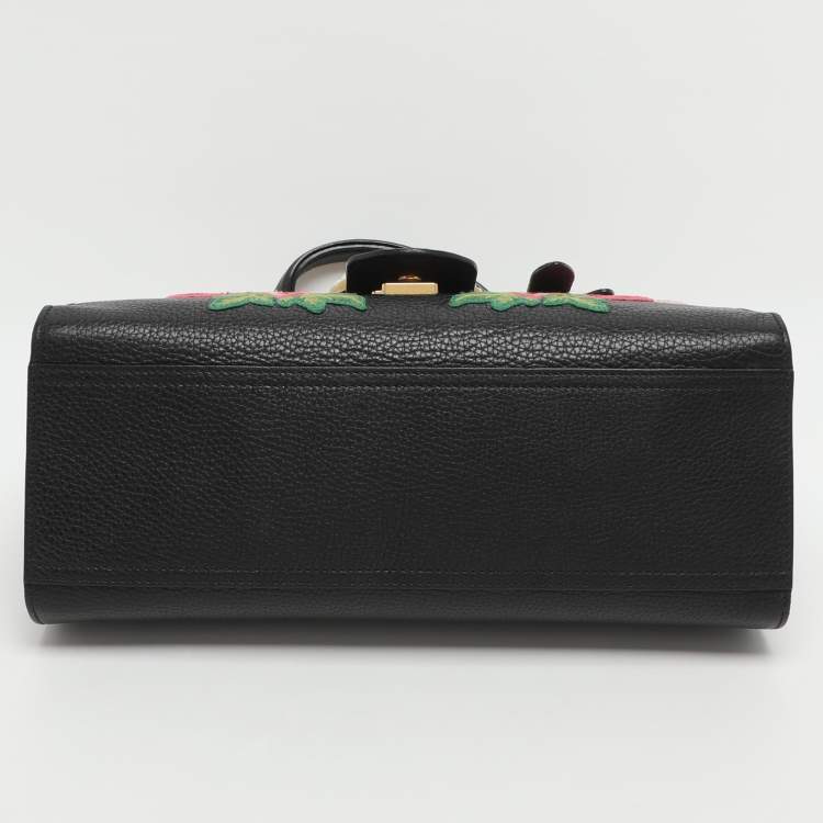 Pre Owned Gucci GG Marmont Floral Embroidered Embellished Black Leather Top Handle Bag