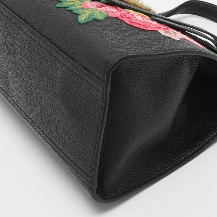 Pre Owned Gucci GG Marmont Floral Embroidered Embellished Black Leather Top Handle Bag