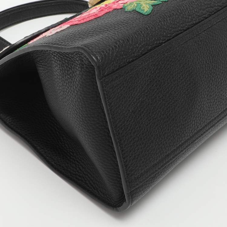 Pre Owned Gucci GG Marmont Floral Embroidered Embellished Black Leather Top Handle Bag