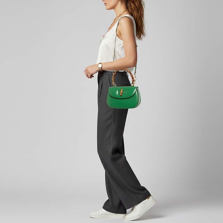 Pre Owned Gucci Bamboo 1947 Small Green Leather Top Handle Bag