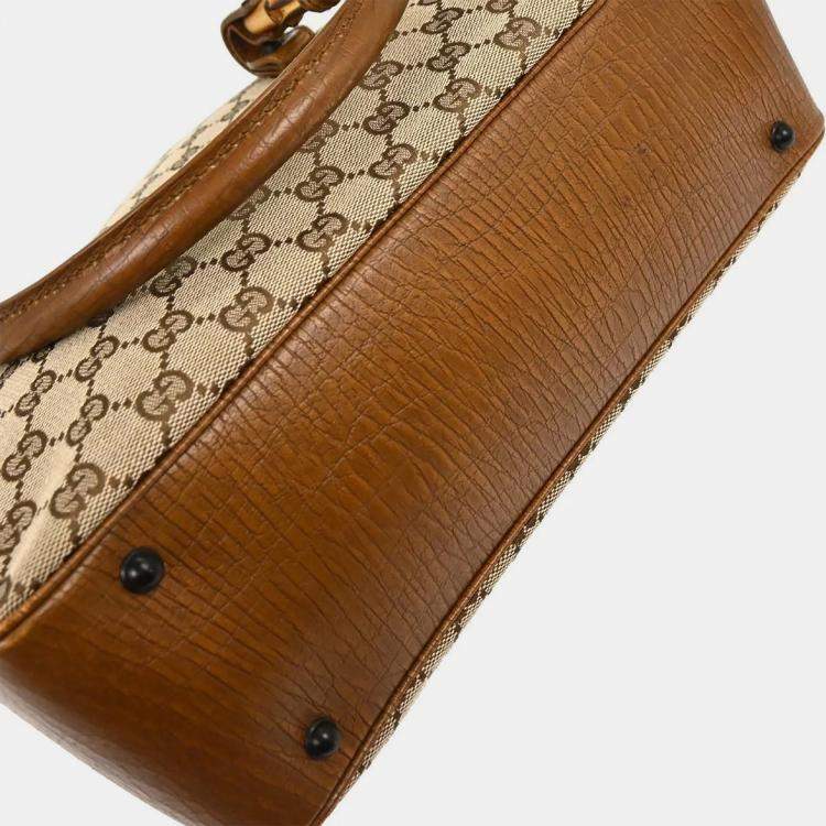 Pre Owned Gucci Brown Beige Bamboo GG Tote Bag