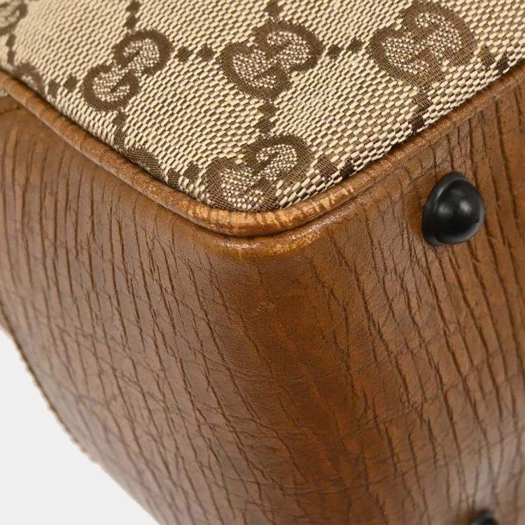 Pre Owned Gucci Brown Beige Bamboo GG Tote Bag