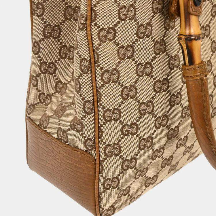 Pre Owned Gucci Brown Beige Bamboo GG Tote Bag