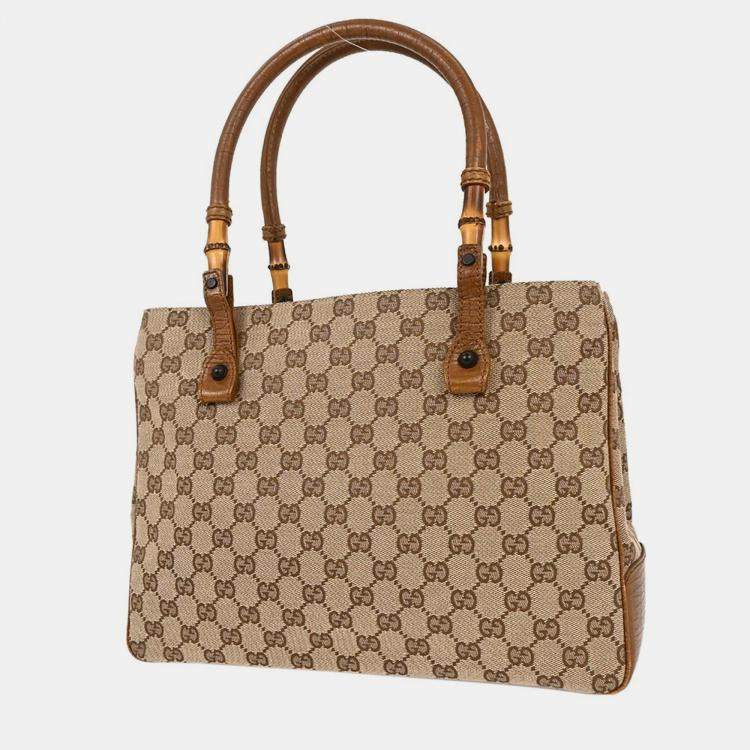Pre Owned Gucci Brown Beige Bamboo GG Tote Bag