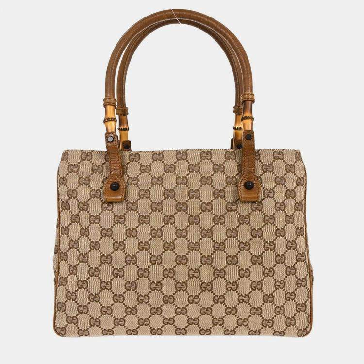Pre Owned Gucci Brown Beige Bamboo GG Tote Bag