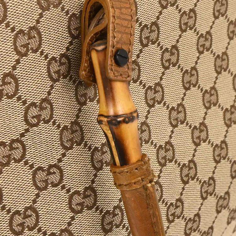 Pre Owned Gucci Brown Beige Bamboo GG Tote Bag