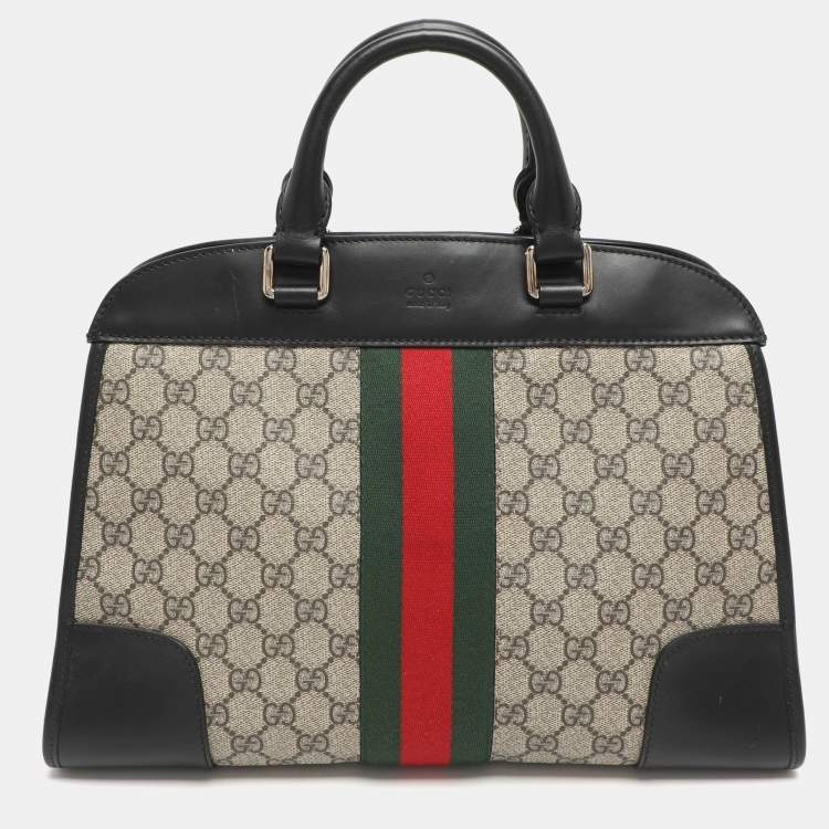 Pre Owned Gucci Vintage Web Beige/Black GG Supreme Coated Canvas and Leather Satchel