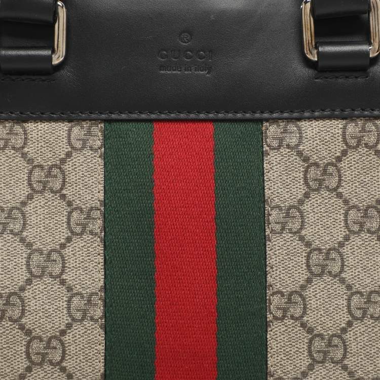 Pre Owned Gucci Vintage Web Beige/Black GG Supreme Coated Canvas and Leather Satchel