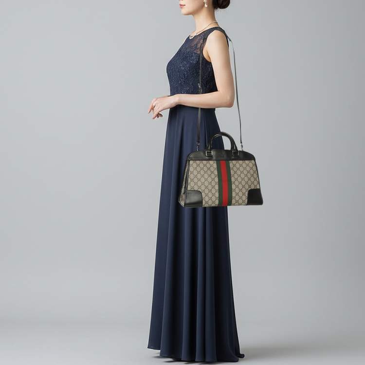 Pre Owned Gucci Vintage Web Beige/Black GG Supreme Coated Canvas and Leather Satchel