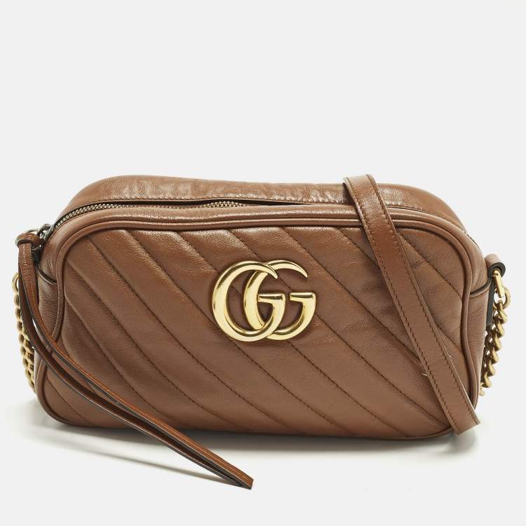 Pre Owned Gucci GG Marmont Small Brown Matelasse Leather Camera Bag