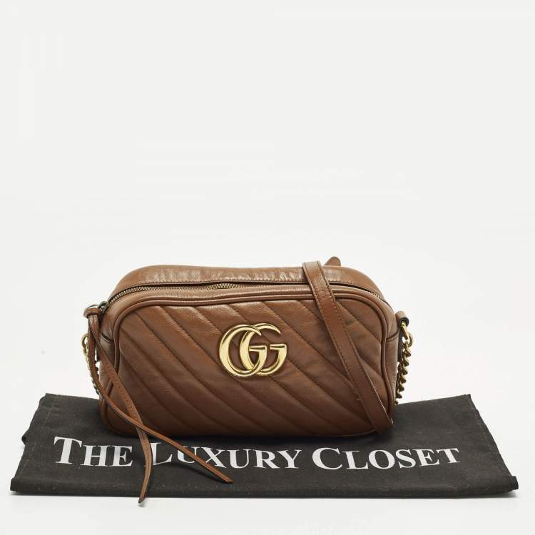 Pre Owned Gucci GG Marmont Small Brown Matelasse Leather Camera Bag