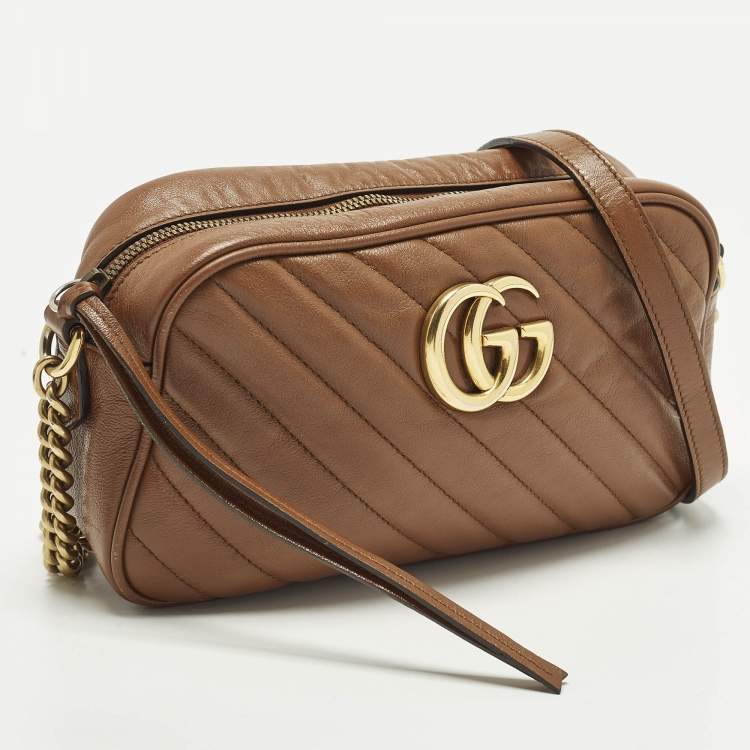 Pre Owned Gucci GG Marmont Small Brown Matelasse Leather Camera Bag