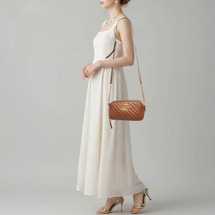 Pre Owned Gucci GG Marmont Small Brown Matelasse Leather Camera Bag