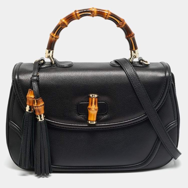 Pre Owned Gucci New Bamboo Tassel Large Black Leather Top Handle Bag