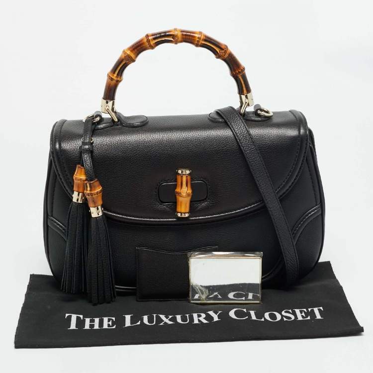 Pre Owned Gucci New Bamboo Tassel Large Black Leather Top Handle Bag