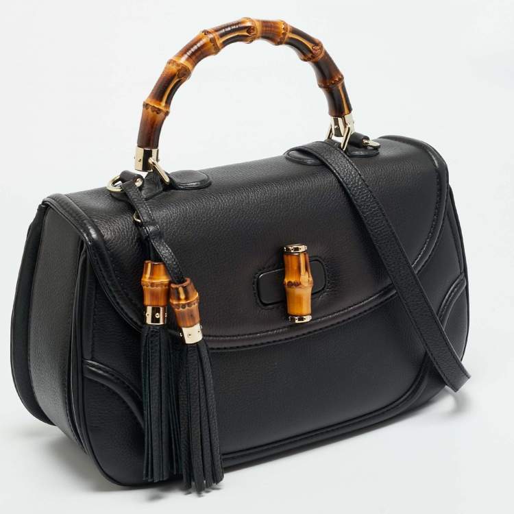 Pre Owned Gucci New Bamboo Tassel Large Black Leather Top Handle Bag