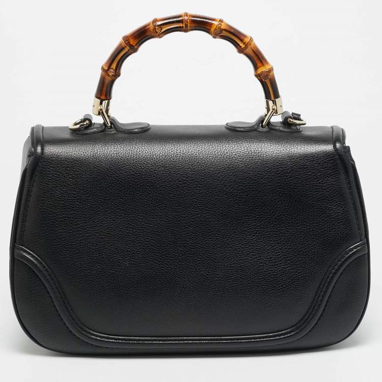 Pre Owned Gucci New Bamboo Tassel Large Black Leather Top Handle Bag