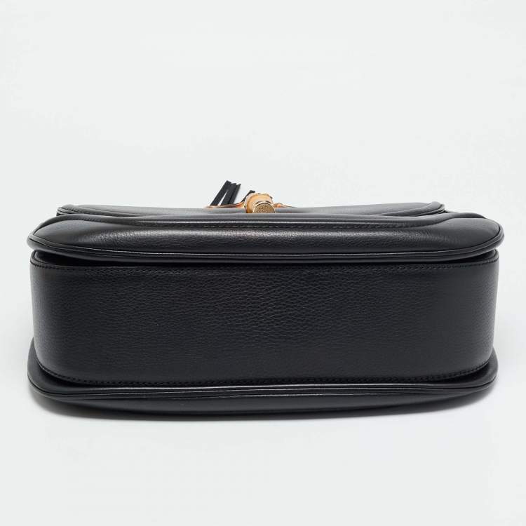 Pre Owned Gucci New Bamboo Tassel Large Black Leather Top Handle Bag