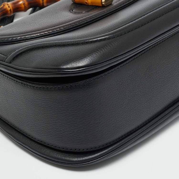 Pre Owned Gucci New Bamboo Tassel Large Black Leather Top Handle Bag
