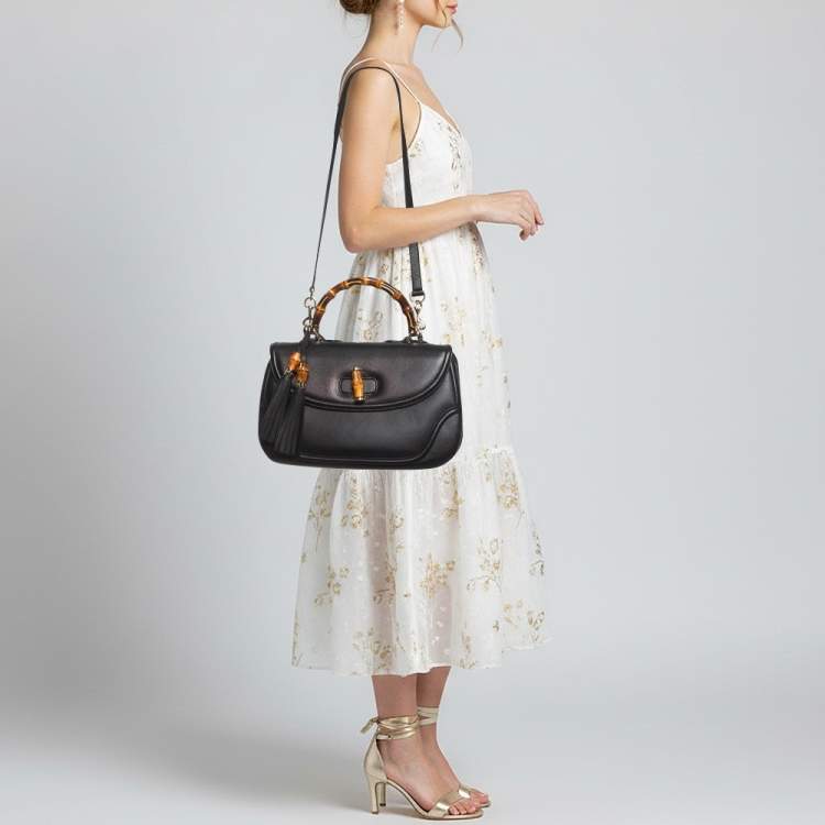 Pre Owned Gucci New Bamboo Tassel Large Black Leather Top Handle Bag