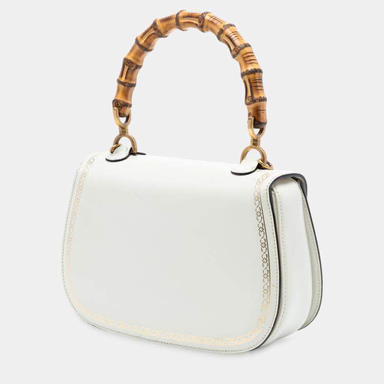 Pre Owned Gucci White Calfskin Frame Print Bamboo Top Handle Bag