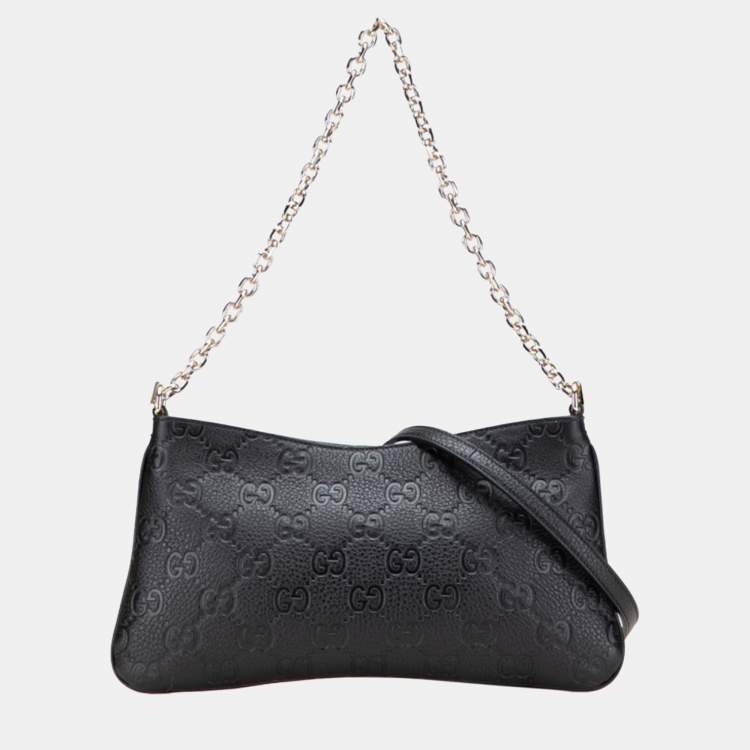 Pre Owned Gucci GG Emblem Medium Chain Handbag/Shoulder Bag Black Leather