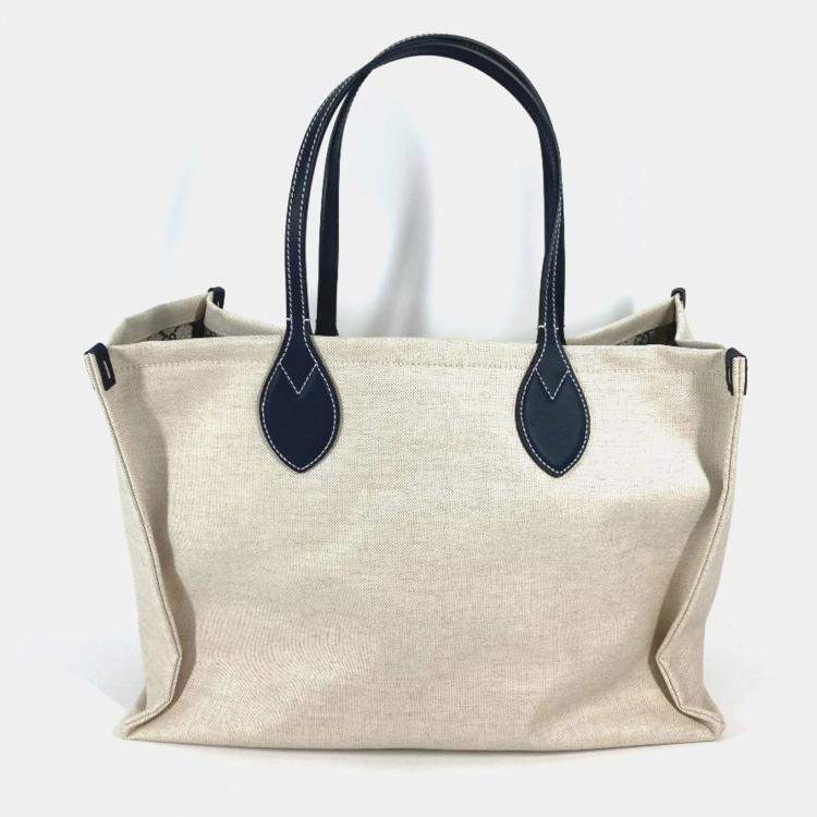 Pre Owned Gucci Logo Print Shoulder Bag/Tote Bag Canvas/Leather Beige/Black