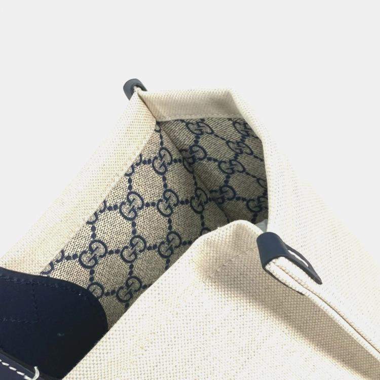 Pre Owned Gucci Logo Print Shoulder Bag/Tote Bag Canvas/Leather Beige/Black