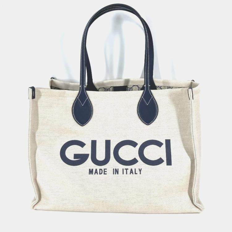 Pre Owned Gucci Logo Print Shoulder Bag/Tote Bag Canvas/Leather Beige/Black