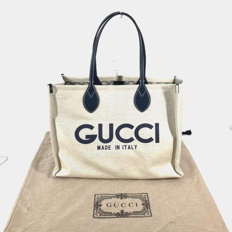Pre Owned Gucci Logo Print Shoulder Bag/Tote Bag Canvas/Leather Beige/Black