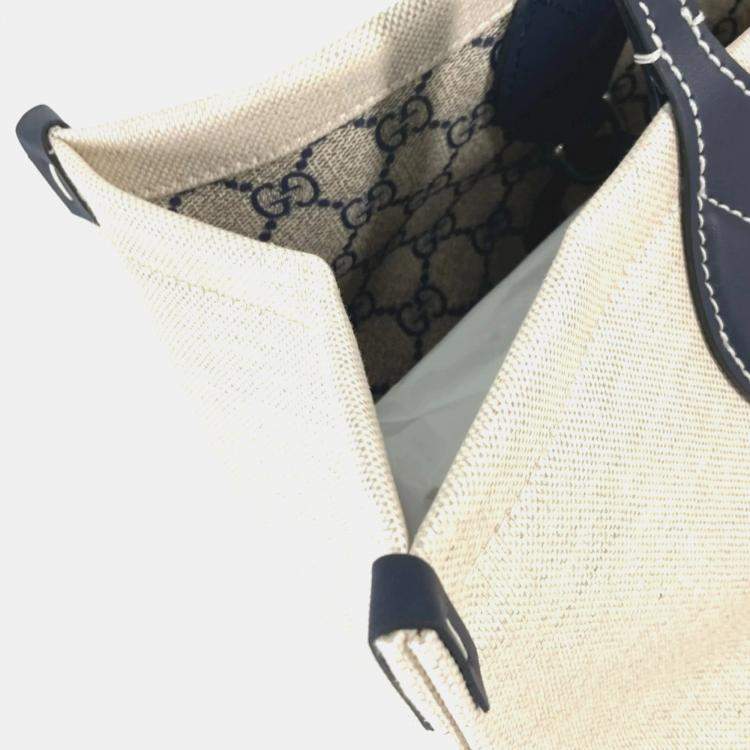 Pre Owned Gucci Logo Print Shoulder Bag/Tote Bag Canvas/Leather Beige/Black