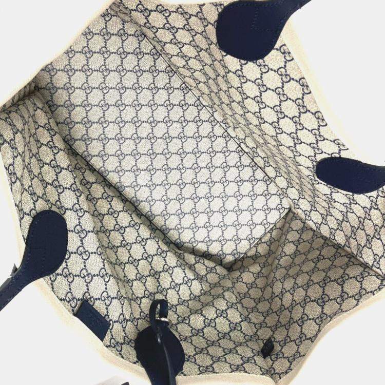 Pre Owned Gucci Logo Print Shoulder Bag/Tote Bag Canvas/Leather Beige/Black