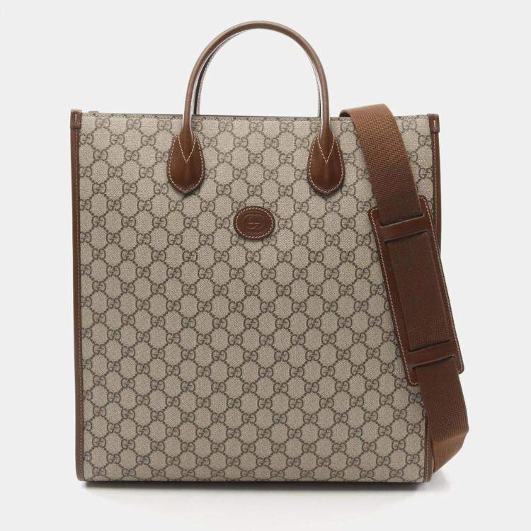Pre Owned Gucci Interlocking G Medium Tote Gg Supreme Bag Coated Canvas Leather Beige Brown