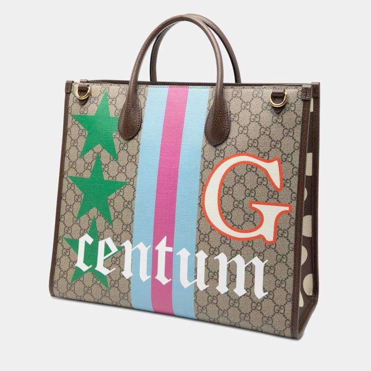 Pre Owned Gucci Brown Medium GG Supreme 100 Centum Anniversary Calfskin Retro Interlocking G Tote