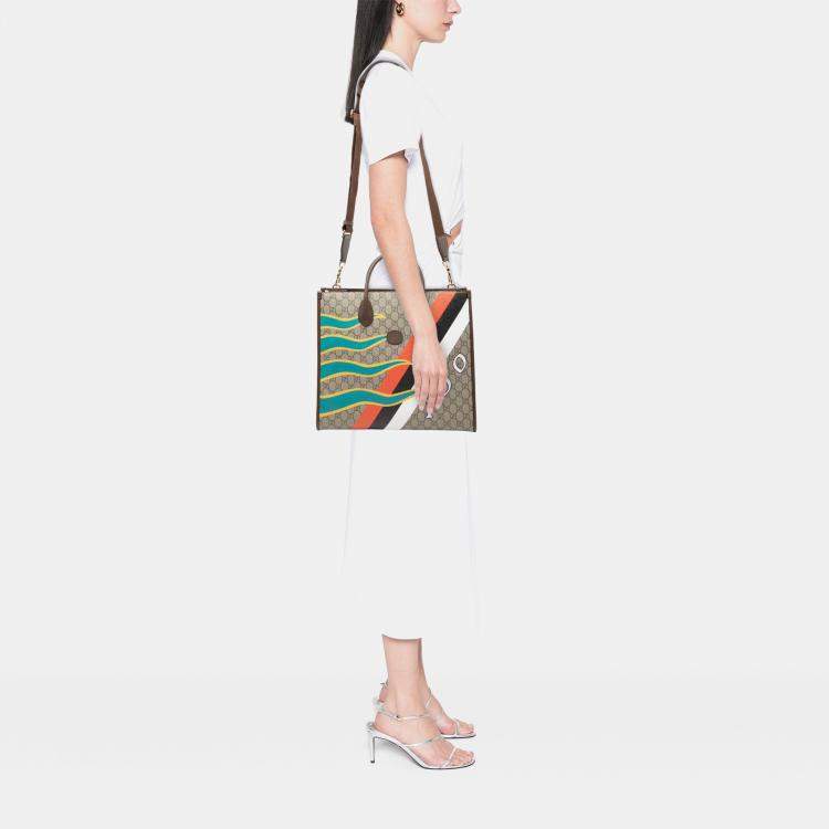 Pre Owned Gucci Brown Medium GG Supreme 100 Centum Anniversary Calfskin Retro Interlocking G Tote