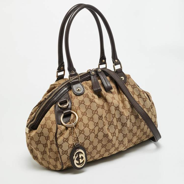 Pre Owned Gucci Sukey Medium Dark Brown/Beige GG Canvas Satchel