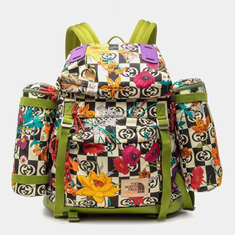 Pre Owned Gucci Green The North Face Floral Multicolor Nylon and Leather Backpack