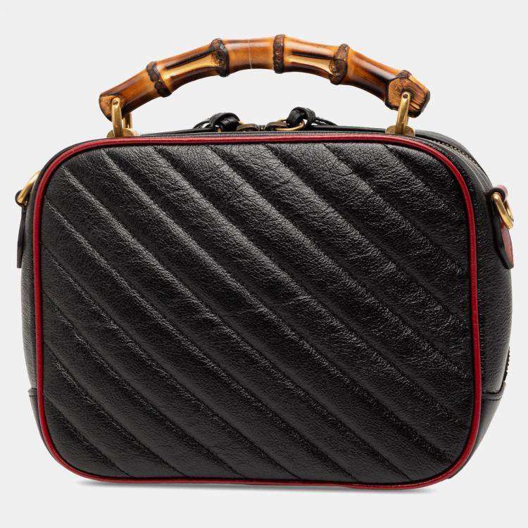 Pre Owned Gucci Black Small GG Marmont Matelasse Diagonal Leather Torchon Bamboo Satchel