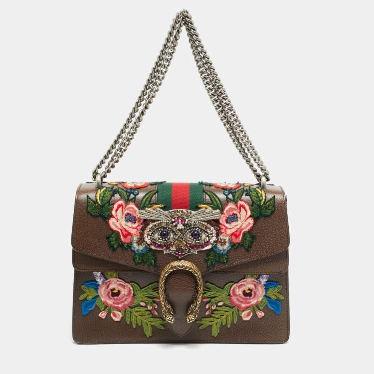 Pre Owned Gucci Owl Embroidered Dionysus Medium GG Supreme Canvas Shoulder Bag