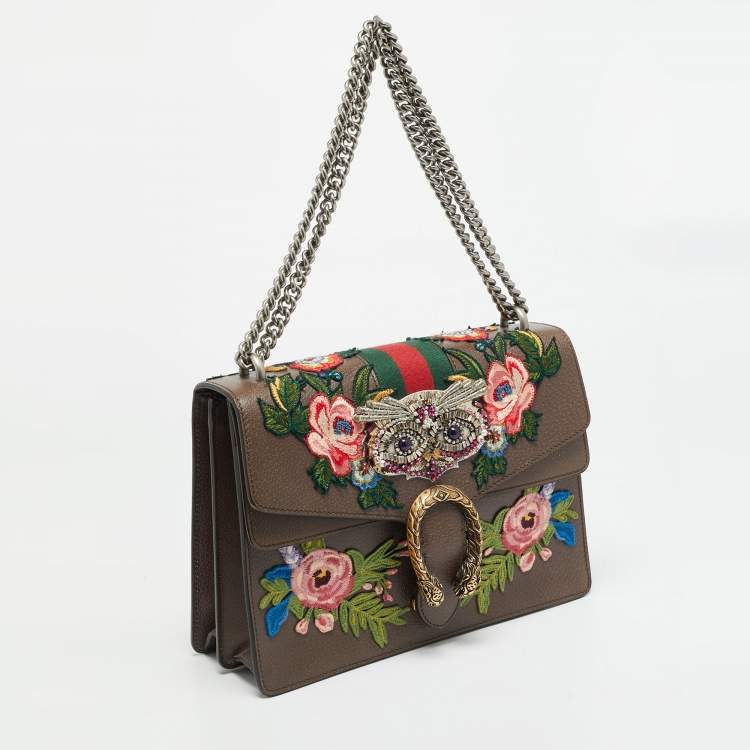 Pre Owned Gucci Owl Embroidered Dionysus Medium GG Supreme Canvas Shoulder Bag