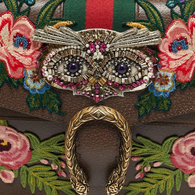 Pre Owned Gucci Owl Embroidered Dionysus Medium GG Supreme Canvas Shoulder Bag