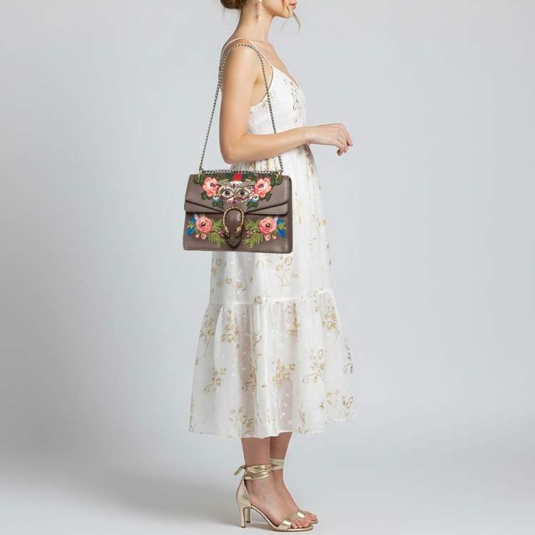 Pre Owned Gucci Owl Embroidered Dionysus Medium GG Supreme Canvas Shoulder Bag